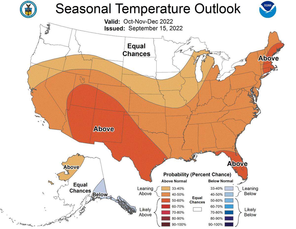 Here’s October to December’s temperature outlook, from the National Weather Service’s Climate Prediction Center.
