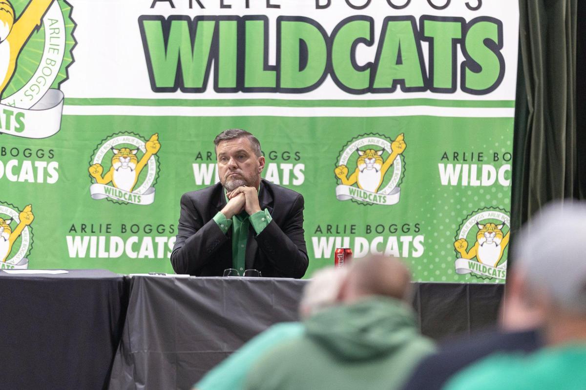 Freddie Terry, Arlie Boggs Elementary School principal, listens to a community member speak during an open meeting at the school in Eolia, Ky., on Thursday, April 17, 2025. The school has faced declining enrollment.