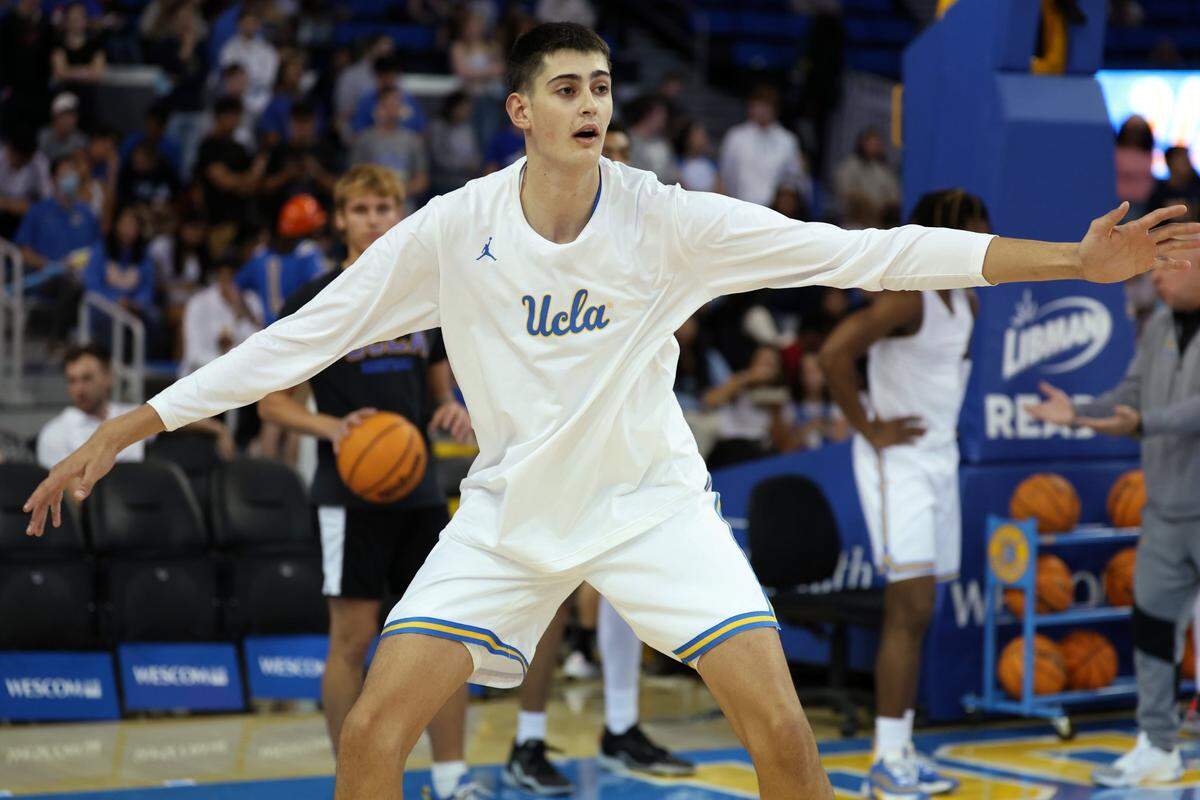 Nov 6, 2023; Los Angeles, California, USA;  UCLA Bruins center Aday Mara (15) warms up before the game against the St. Francis (Pa) Red Flash at Pauley Pavilion presented by Wescom. Mandatory Credit: Kiyoshi Mio-USA TODAY Sports