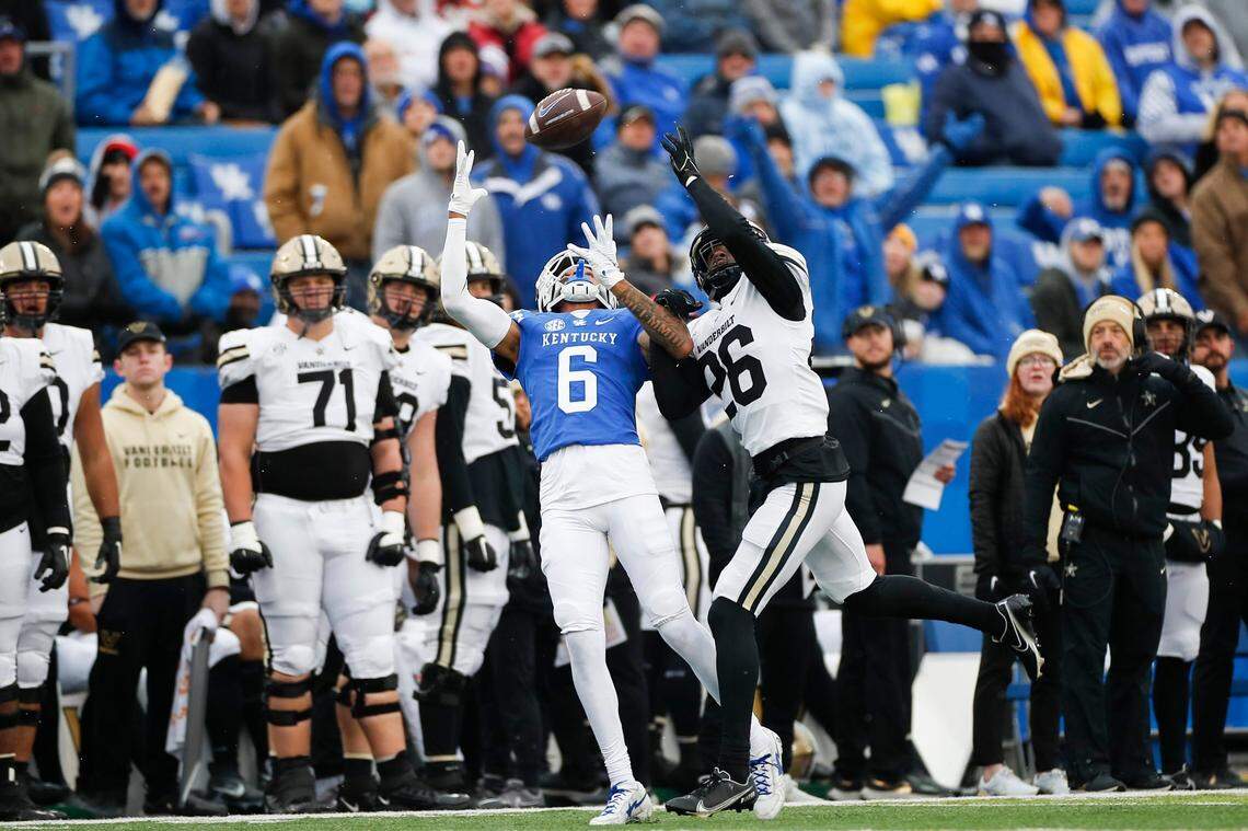 Vanderbilt’s BJ Anderson breaks up a pass intended for Kentucky’s Dane Key during Saturday’s game at Kroger Field. The UK freshman caught one pass for 29 yards.