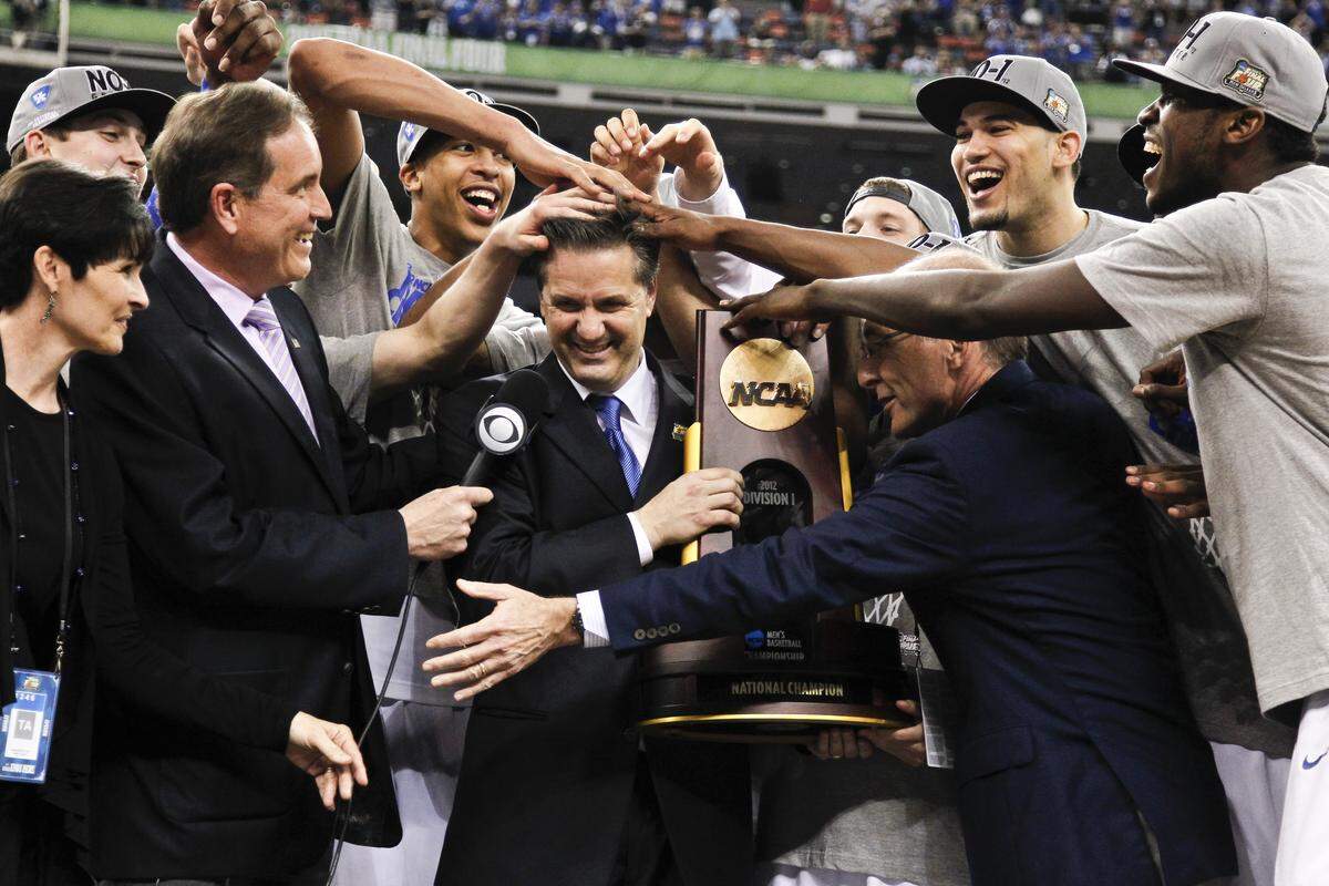 Kentucky players tousled UK coach John Calipari’s hair after the Wildcats defeated Kansas 67-59 to win the 2012 NCAA Tournament title. Now the head man at Arkansas, Calipari this week came out against NCAA tourney expansion.