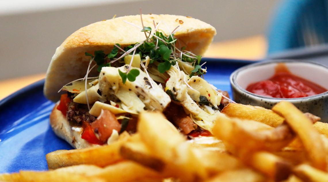 The Provencal sandwich at Infinity: Skybar & Cafe on the roof of downtown Lexington’s Residence Inn. The vegetarian sandwich comes with roasted red pepper and tomato, olive relish, marinated artichoke and ricotta on focaccia bread.