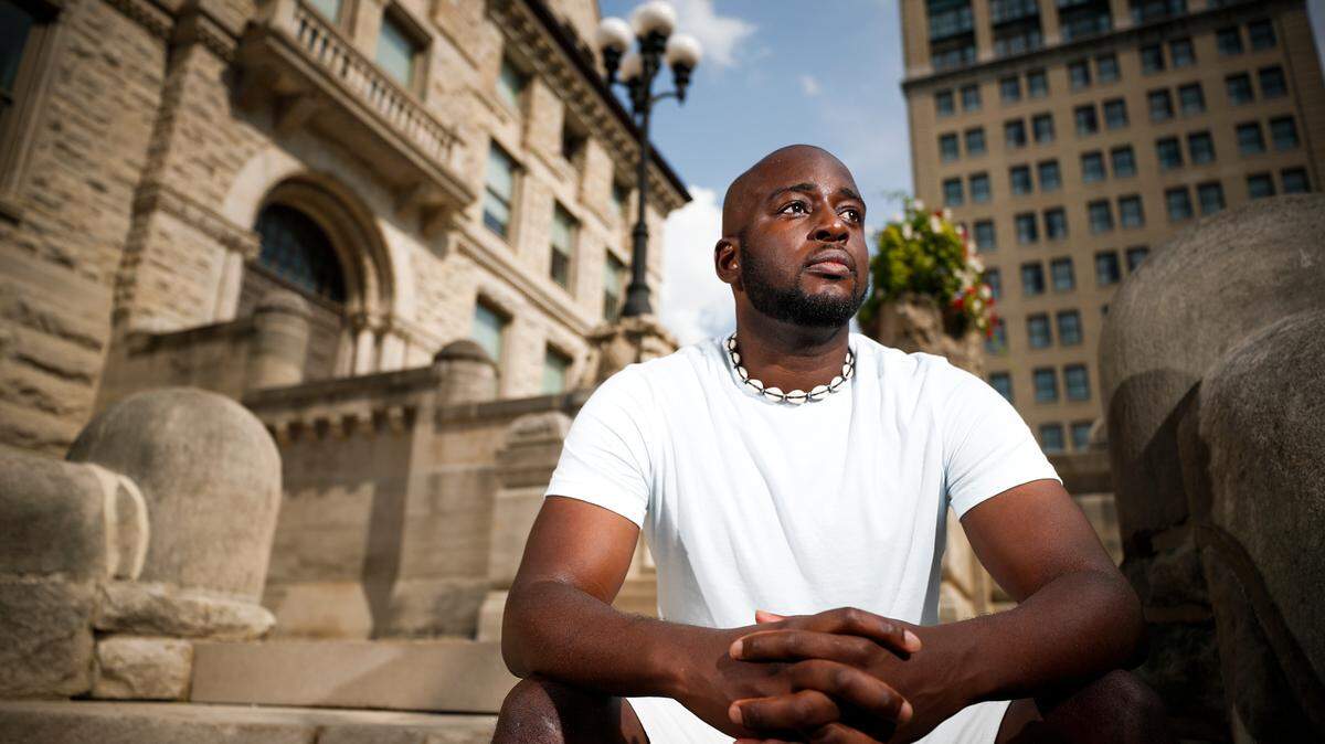 David Laurenvil, of Lexington, Ky., in front of the Old Courthouse in downtown Lexington, Wednesday, Aug. 11, 2021. 
