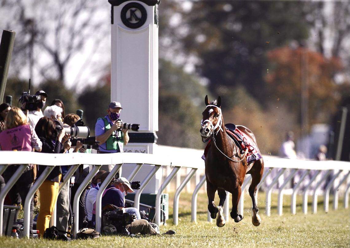 Starship Jubilee ran past photographers after losing jockey Florent Geroux during the Filly & Mare Turf race during the Breeders’ Cup at Keeneland.