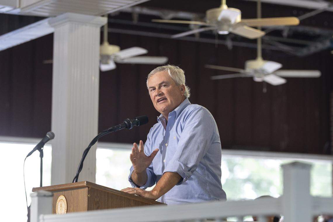 U.S. Rep. James Comer (R-Ky.)  delivers a speech during the 145th annual St. Jerome Fancy Farm Picnic in Fancy Farm, Ky., on Saturday, Aug. 2, 2025.