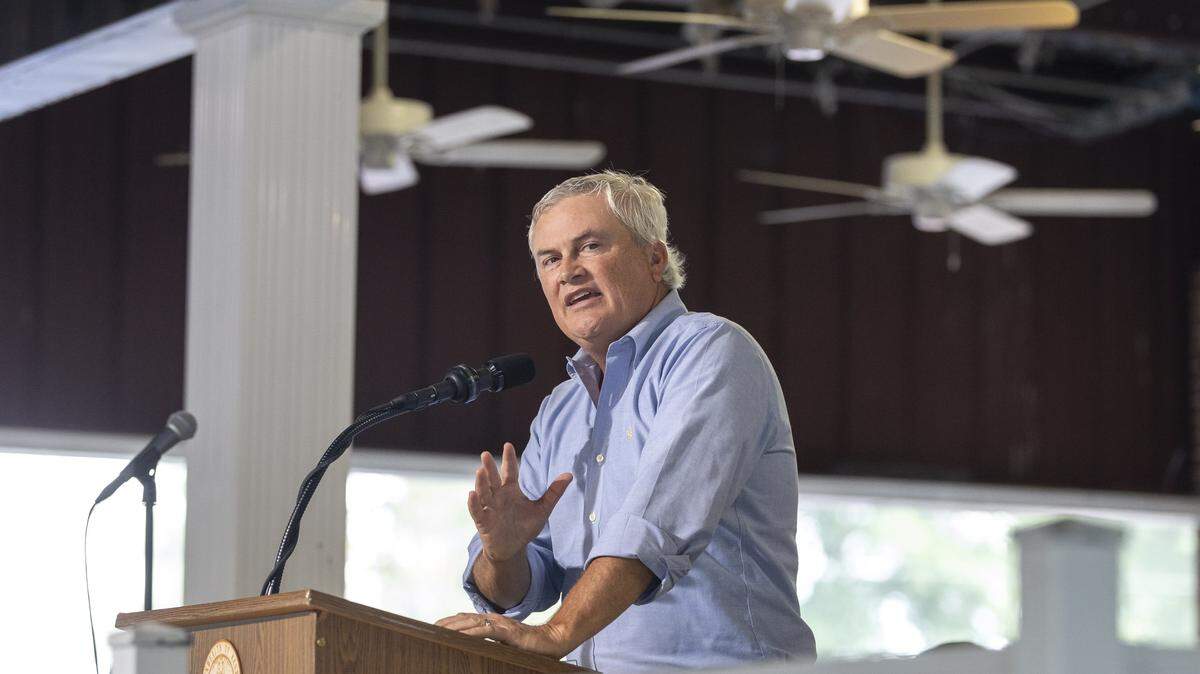 U.S. Rep. James Comer (R-Ky.) delivers a speech during the 145th annual St. Jerome Fancy Farm Picnic in Fancy Farm, Ky., on Saturday, Aug. 2, 2025.