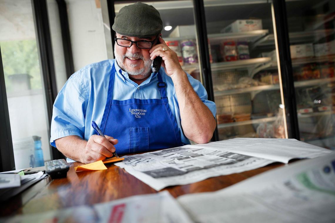 Owner Michael Yessin says sales at the Lexington Seafood Company have picked up because people are cooking at home more.