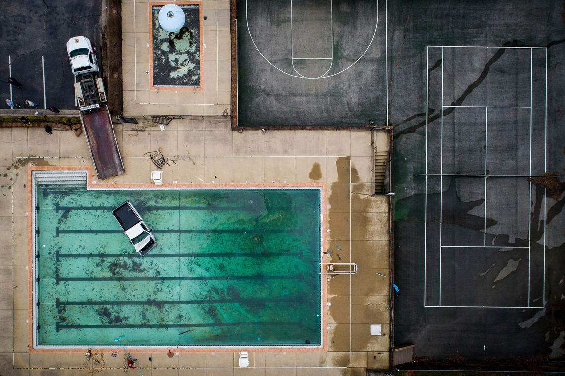 A truck ended up in the bottom a neighborhood pool off Rockbridge Road in Fayette County March 21 after a police pursuit that began in Jessamine County for a stolen pickup. The driver, who was able to free himself from the submerged vehicle and swim to the edge of the pool, was taken to a hospital with what were thought to be minor injuries