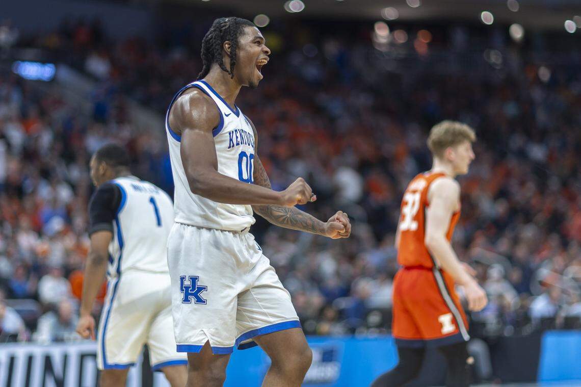 Kentucky guard Otega Oweh (00) reacts during a second-round NCAA Tournament victory against Illinois at Fiserv Forum in Milwaukee on Sunday.