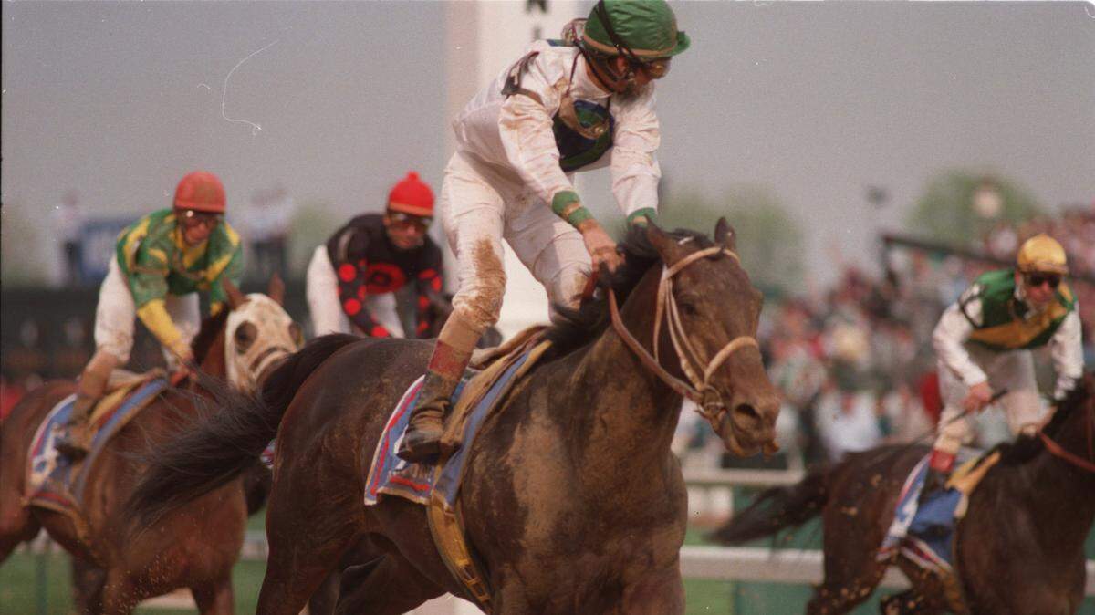 Jockey Jerry Bailey rides Grindstone moments after winning the 122nd Kentucky Derby at Churchill Downs on May 4, 1996. Grindstone closed with a rush to defeat Cavonnier by a nose in a photo-finish win.