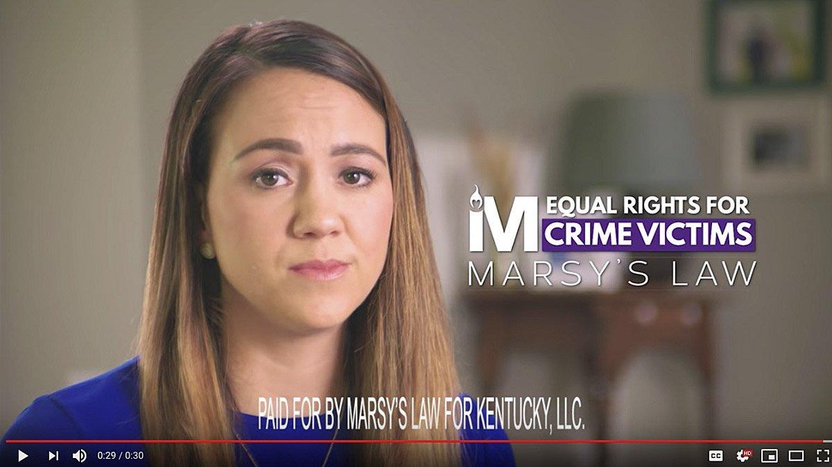 This screen shot from a television ad shows Jessica Schweitzer, the widow of a Louisville police officer, advocating for Marsy’s Law for Kentucky, a constitutional amendment that would create protections for crime victims.