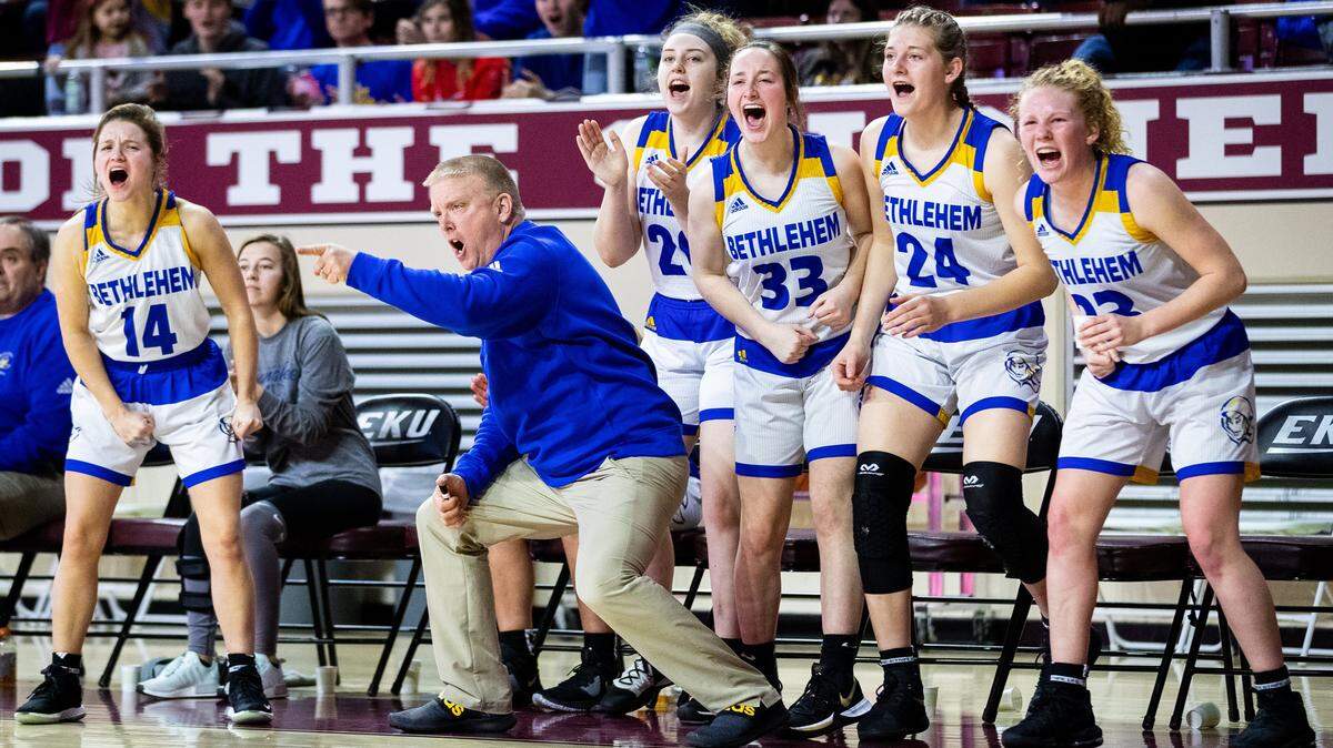 Bethlehem’s bench celebrates after getting an and-1 call during the Kentucky All “A” Classic semifinal basketball game between the Bethlehem Banshees and the Danville Lady Admirals on Saturday, Jan. 25, 2020, at Alumni Coliseum in Richmond, Kentucky. Bethlehem won 53-36.