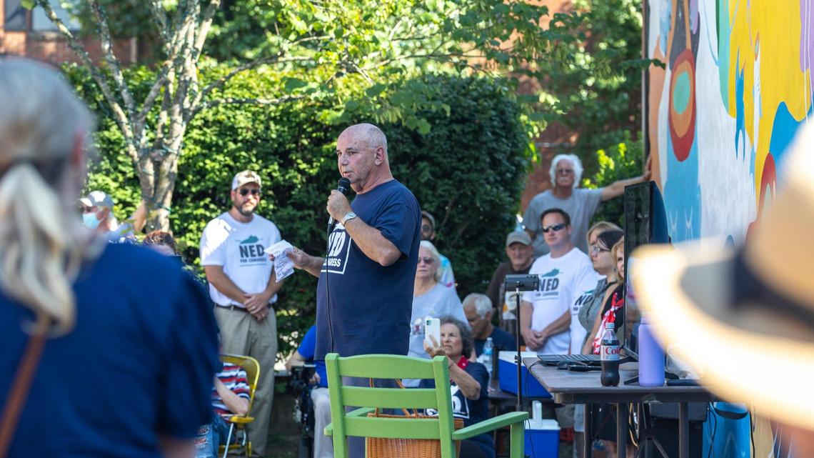 Ned Pillersdorf, an Eastern Kentucky attorney, speaks during a campaign launch for Congress in Paintsville, Ky., on Friday, July 4, 2025.