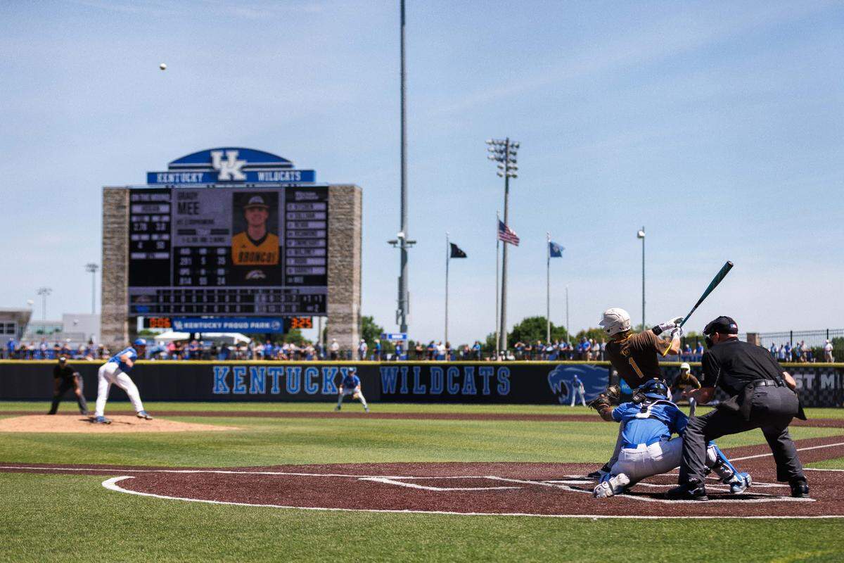 May 31, 2024; Lexington, KY, USA; Western Michigan infielder Grady Mee (1) hits a pitch resulting in an out and clinching the win for Kentucky in an NCAA Division I Baseball Championship game between the Kentucky Wildcats and Western Michigan Broncos at Kentucky Proud Park. Mandatory Credit: Jordan Prather-USA TODAY Sports