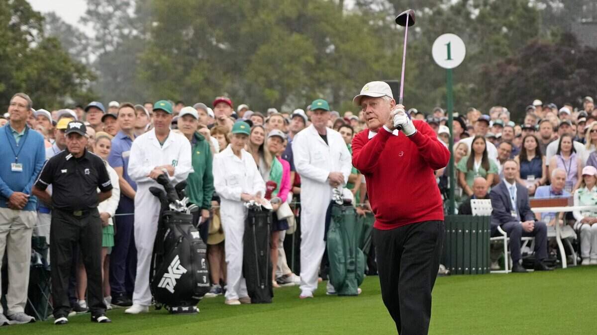 Apr 6, 2023; Augusta, Georgia, USA; Honorary starter Jack Nicklaus tees off on the first hole before the first round of The Masters golf tournament. Mandatory Credit: Michael Madrid-USA TODAY Network