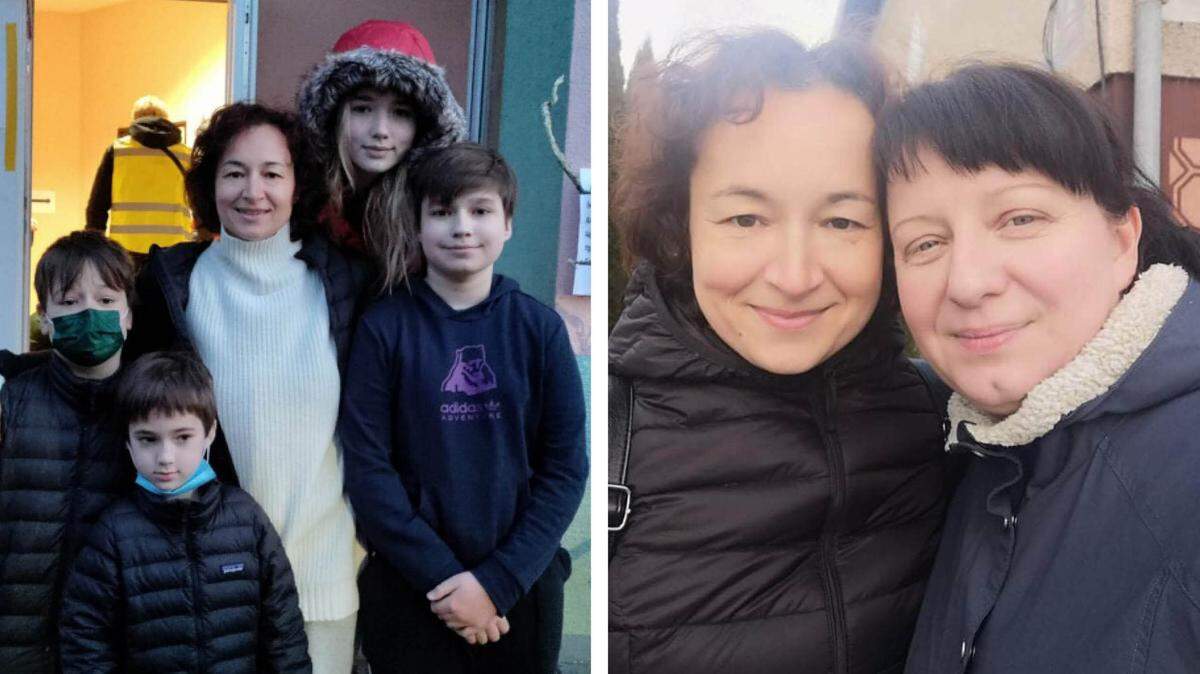Left: Lana Duychak reunited in Slovakia with her children after she fled Ukraine. Right: Lana Duychak, on the left, with a friend in Ukraine shortly before the Russian invasion started.