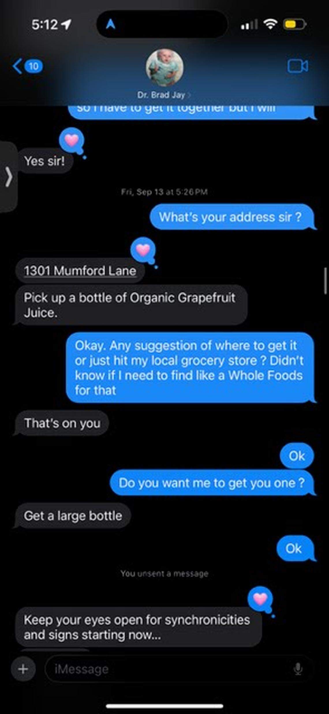A text obtained by the Herald-Leader shows “Dr Brad Jay” Pagel ordering an employee to come to his house in Lexington: “It’s time to rid you of depression and the burdens of your mind.” The employee was later given substances that made him unable to leave for nearly 24 hours.