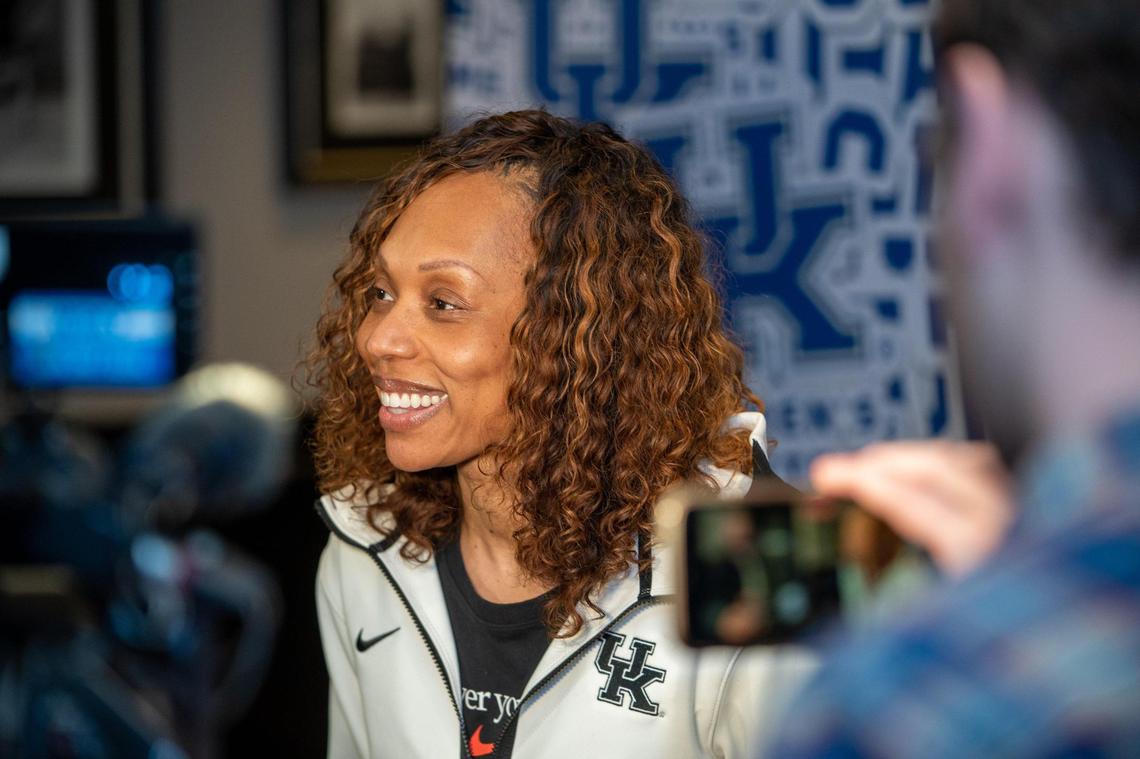 Kentucky Coach Kyra Elzy spoke during the Wildcats’ NCAA Tournament selection show watch party on Sunday night.