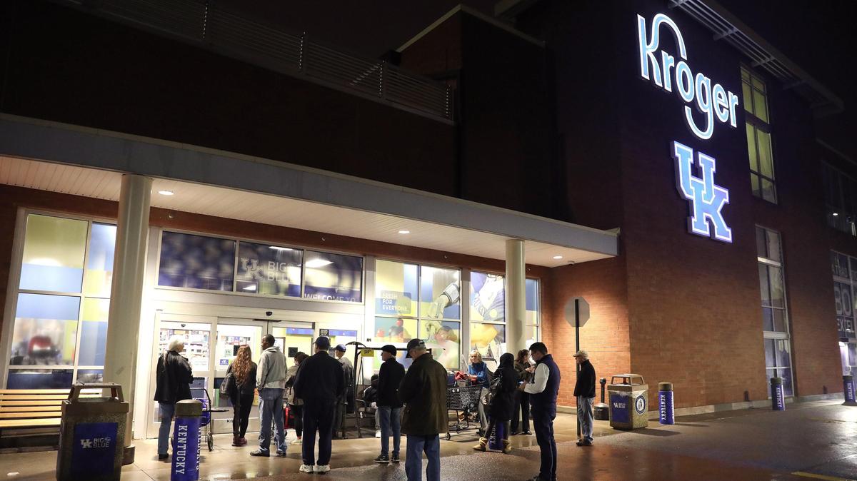 Customer waited for the 7am store opening Thursday morning at the Euclid Ave. Kroger in April 2020.