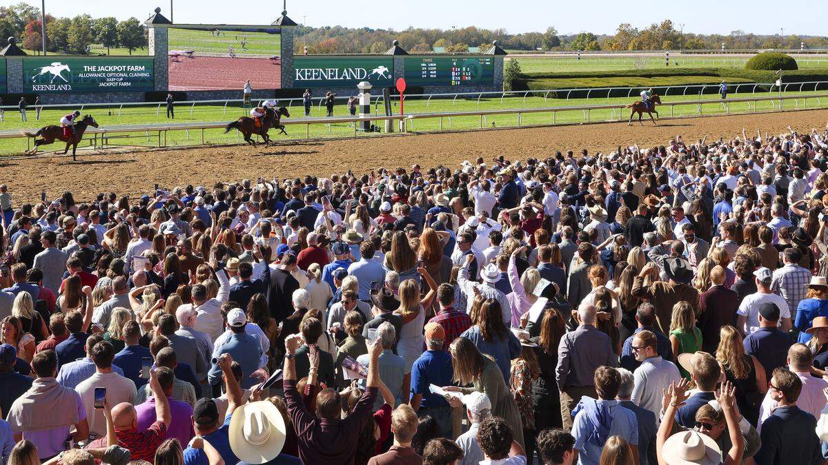 Horses run toward the finish line during a race during the 2024 Keeneland Fall Meet on Oct. 19, 2024, at Keeneland.