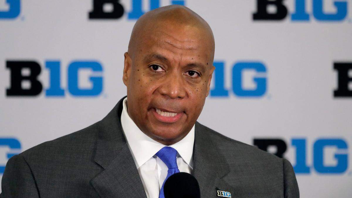 Kevin Warren talks to reporters after being named Big Ten Conference Commissioner during a 2019 news conference in Rosemont, Ill.
