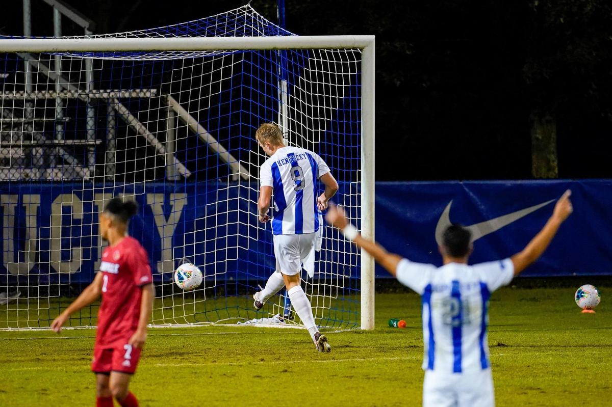 Kentucky’s Eythor Bjorgolfsson (9) scored one of his two goals for the Wildcats on Monday night.