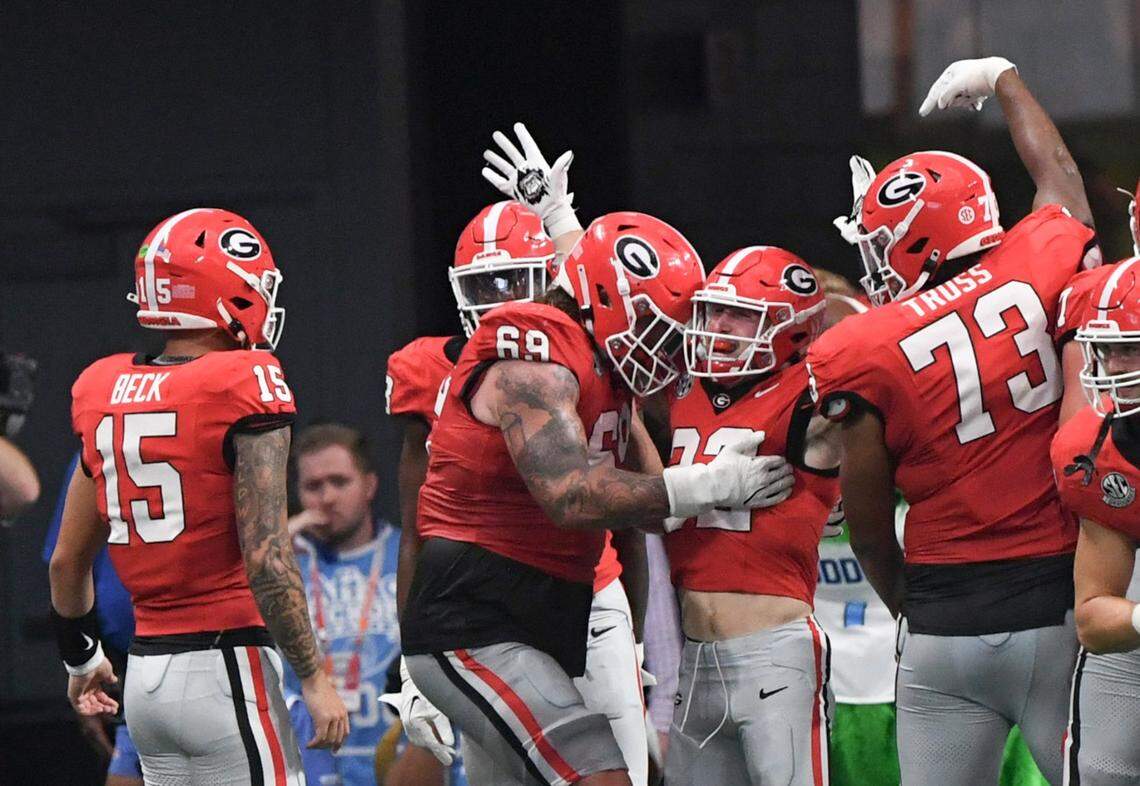 Georgia wide receiver London Humphreys (16) celebrated with teammates after catching a touchdown pass in the Bulldogs’ 34-3 win over Clemson in the season opener.