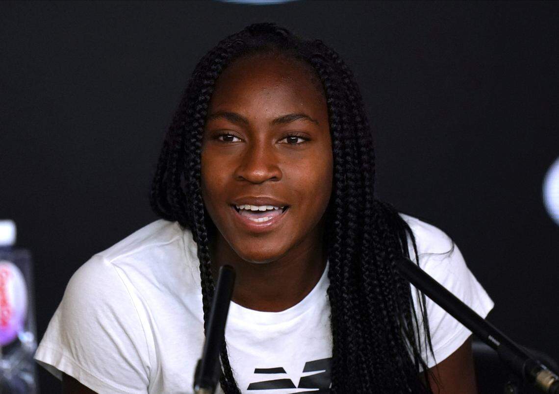 Coco Gauff of the U.S. talks at a press conference following her fourth round loss to compatriot Sofia Kenin at the Australian Open tennis championship in Melbourne, Australia, Sunday, Jan. 26, 2020. (AP Photo/Lee Jin-man)