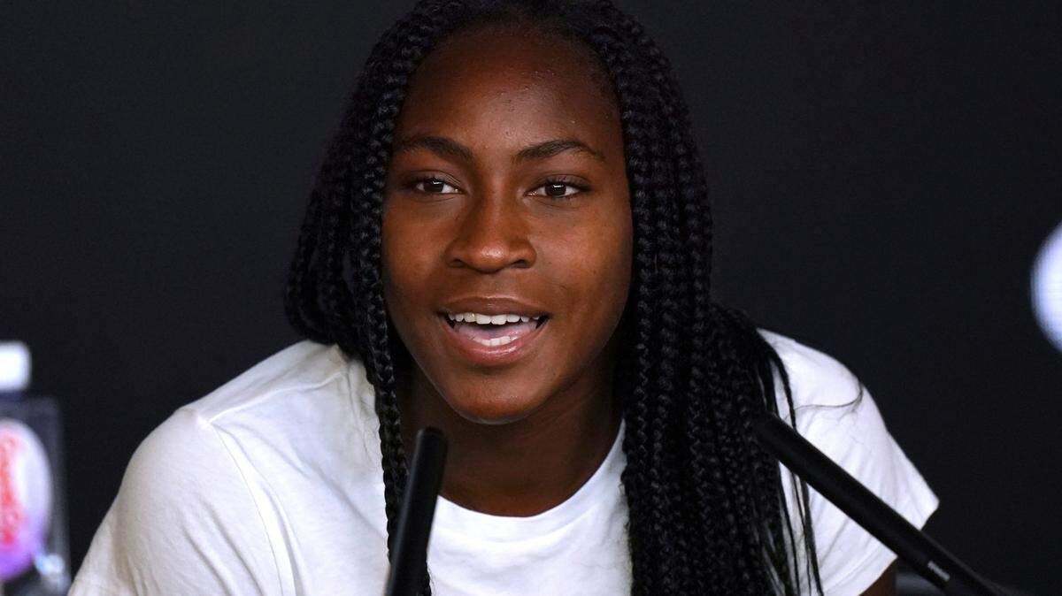 Coco Gauff of the U.S. talks at a press conference following her fourth round loss to compatriot Sofia Kenin at the Australian Open tennis championship in Melbourne, Australia, Sunday, Jan. 26, 2020. (AP Photo/Lee Jin-man)