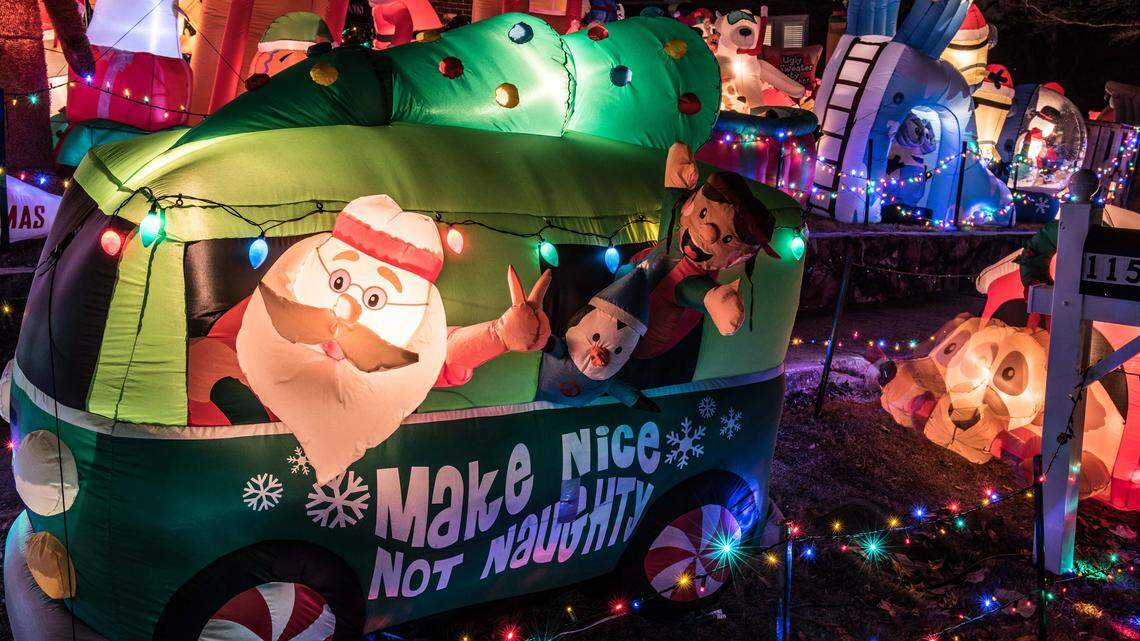 The hippie trailer gave the mega blow-up site its name - Santa’s Trailer Park. The site is so large, it is a walking tour that includes a pirate Santa, mooning Santa and Grandma actually being run over by a reindeer