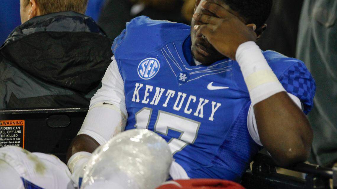 UK's Alexander Montgomery was carted off the field after injuring his left knee during a touchdown celebration against Alabama State.   