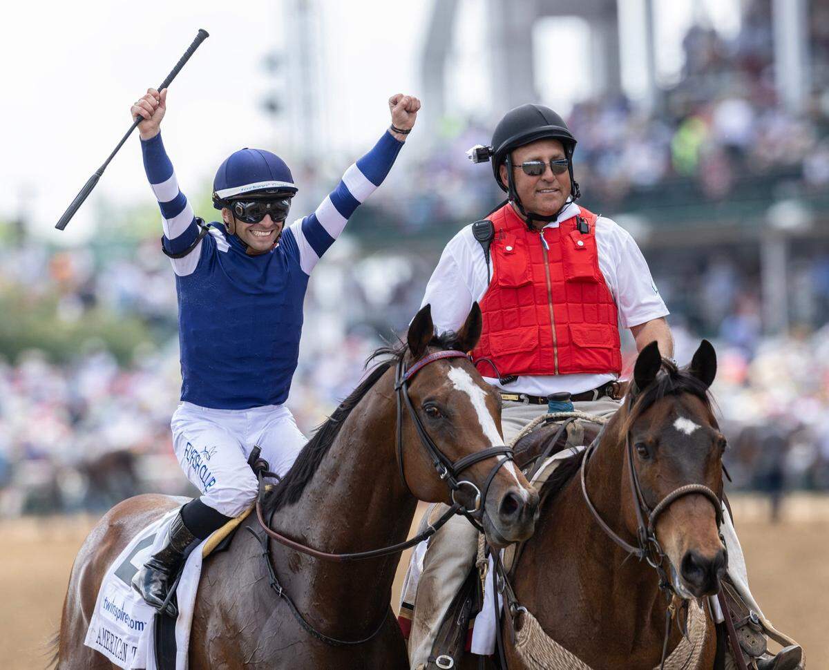 Jockey Umberto Rispoli celebrated last year after riding Trikari to victory in the American Turf at Churchill Downs on Kentucky Derby day. This year, Rispoli is slated to ride morning line favorite Journalism in Kentucky Derby 2025.