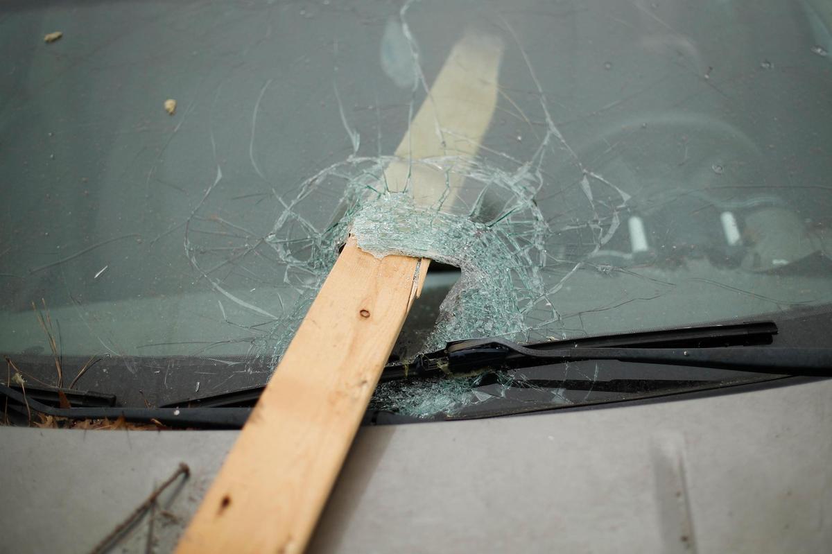 A 2x4 piece of lumber in the windshield of a Nissan Altima in Mayfield, Ky.