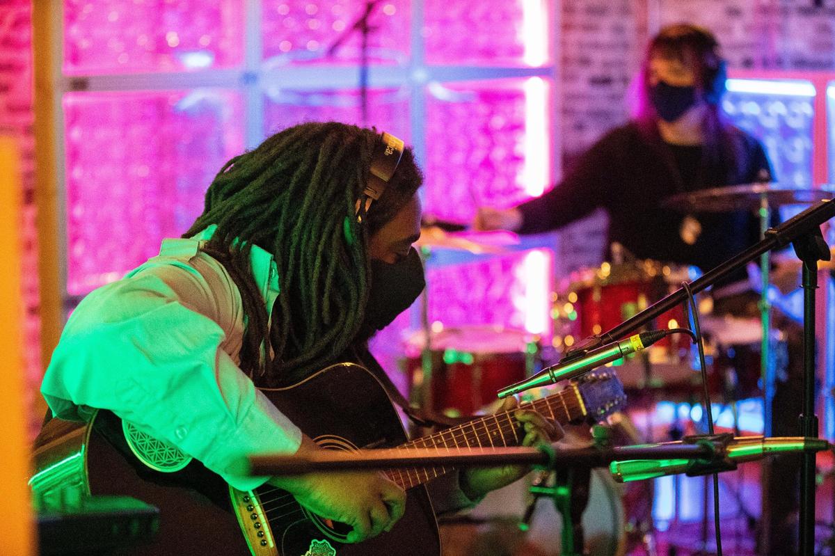 David “Chill” Napier plays his guitar on Friday, Jan. 29, 2021, at Nitrosonic Studios in Lexington, Kentucky.