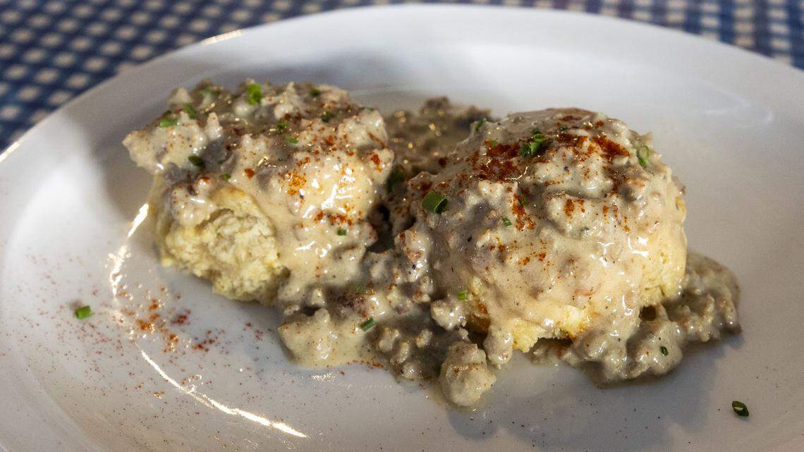 The biscuits for the homemade biscuits and gravy at the Black Squirrel are made with local white cheddar cheese. The dish ($12) is topped with sausage gravy and available on the restaurant’s early grab ‘n go menu.