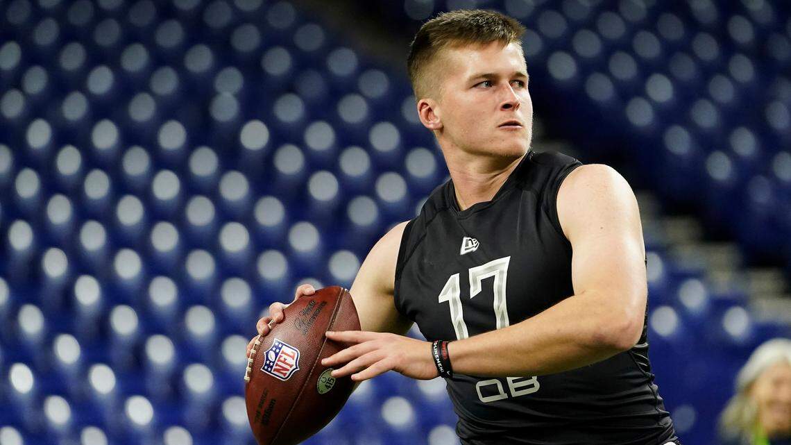 Western Kentucky quarterback Bailey Zappe (17) participates in a drill at the NFL football scouting combine in Indianapolis, Thursday, March 3, 2022. (AP Photo/Steve Luciano)