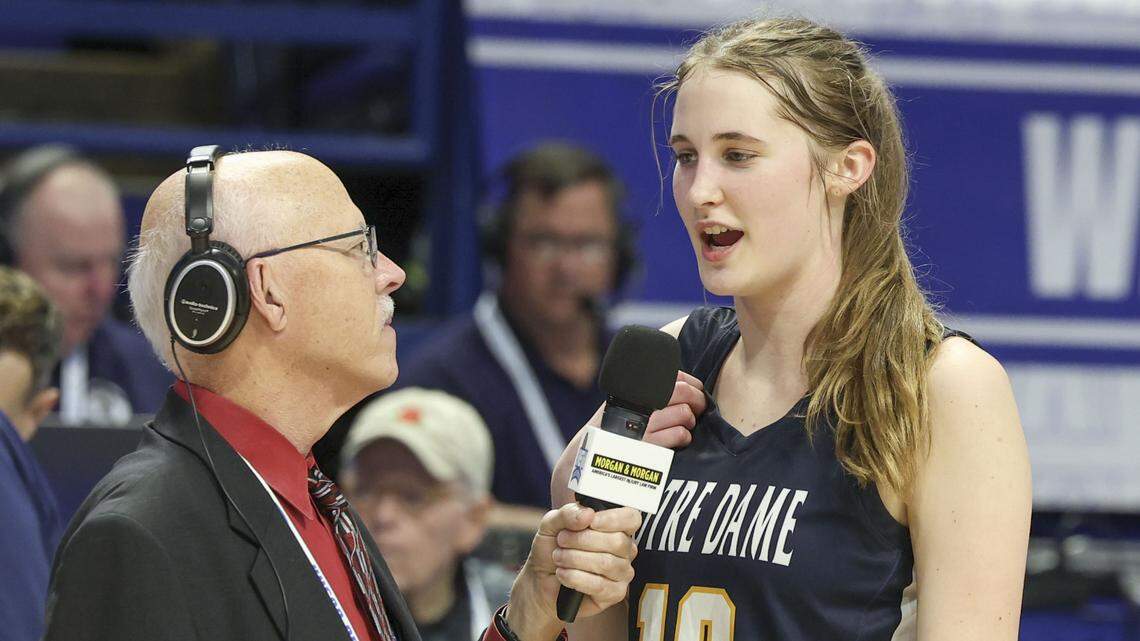 Notre Dame forward Sarah Young talks with KHSAA Media Network’s Scott Thompson after her team’s win in the Clark’s Pump-N-Shop Girls’ Basketball Sweet 16 tournament at Rupp Arena on Wednesday.