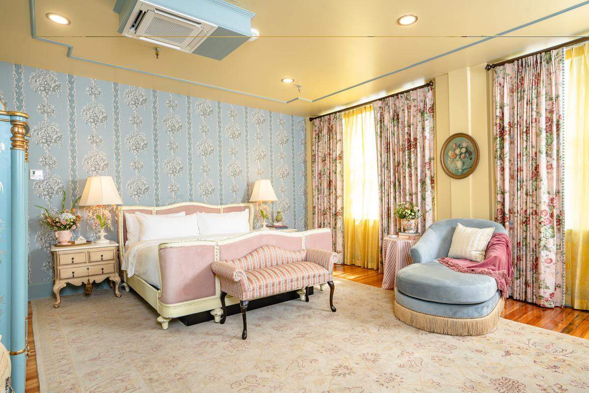 The Bridal King Suite at The Aldenberg Hotel in Versailles, Ky. Its unique décor includes space for preparation, two get-ready vanities and more. Prices for the room vary from $401-$490 a night.