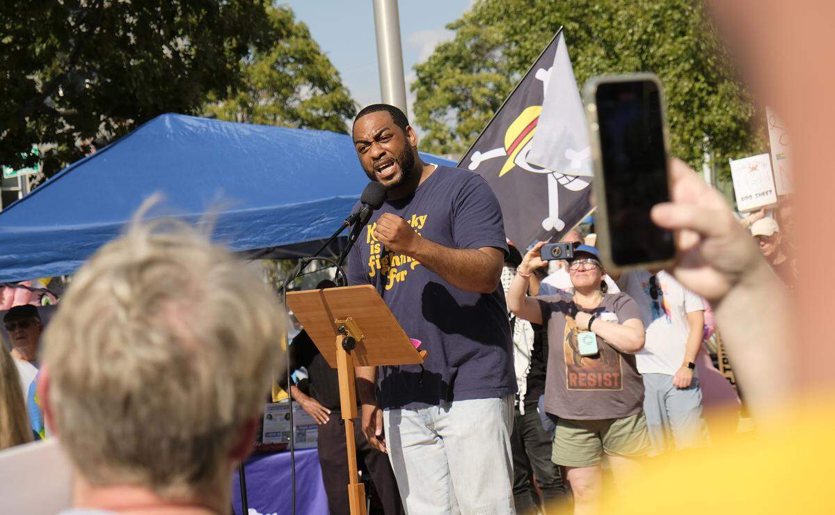 Former state Rep. Charles Booker spoke at the No Kings rally in Lexington, Ky., Oct. 18, 2025.