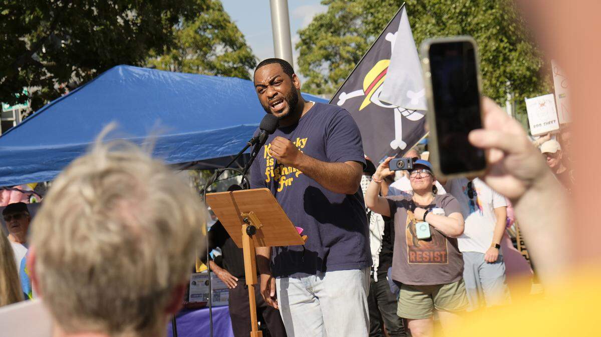 Former state Rep. Charles Booker spoke at the No Kings rally in Lexington, Ky., Oct. 18, 2025.