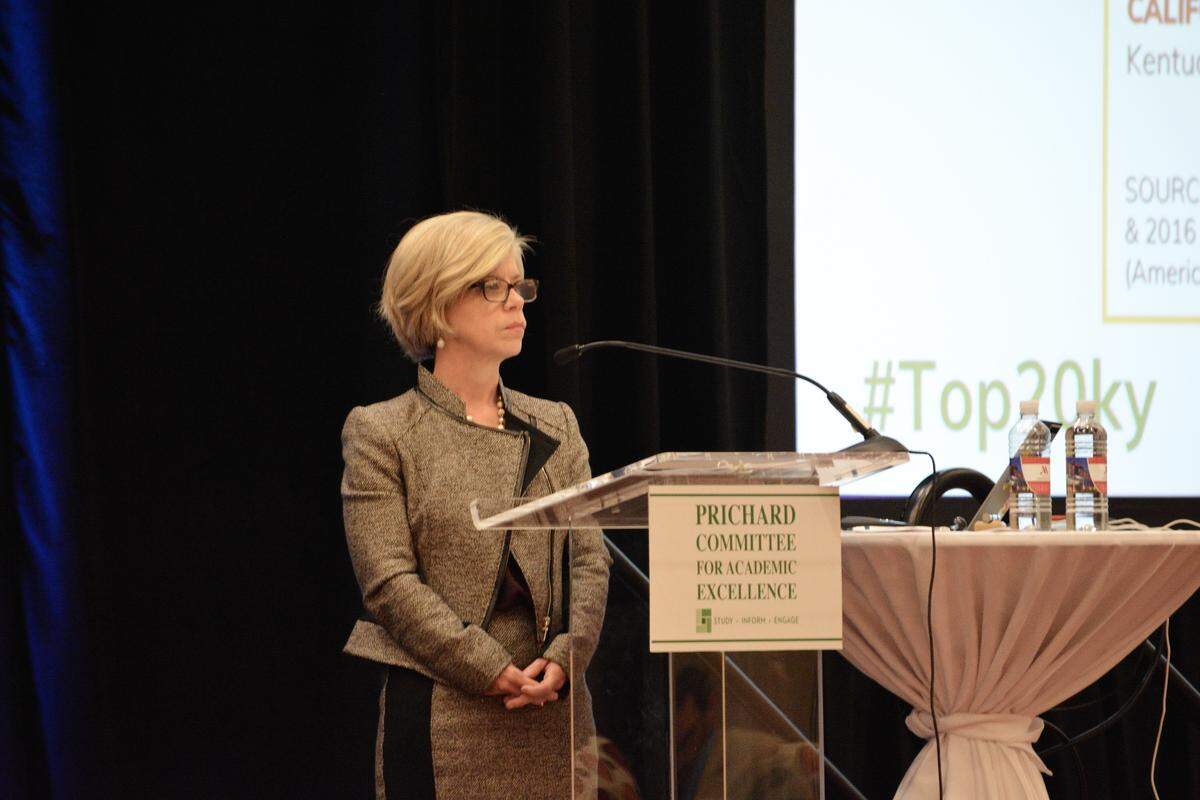 Prichard Committee Executive Director Brigitte Blom Ramsey outlines the report’s findings during Monday’s annual meeting of the statewide education advocacy organization.