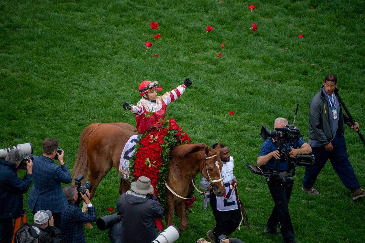 Jockey Sonny Leon, who celebrated after Saturday’s victory, guided Rich Strike from far back in the 20-horse field to beat 4-1 favorite Epicenter by three-quarters of a length. Zandon was another three-quarters of a length back in third.