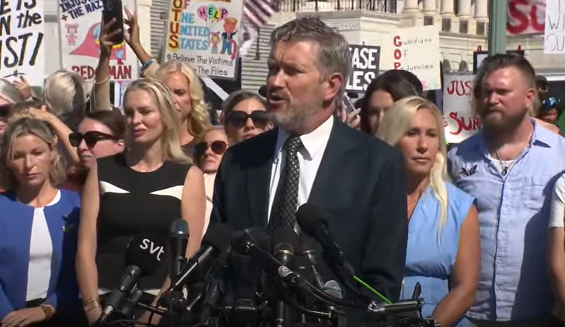 Rep. Thomas Massie speaks at a press conference pushing for his petition to release all files related to Jeffrey Epstein.
