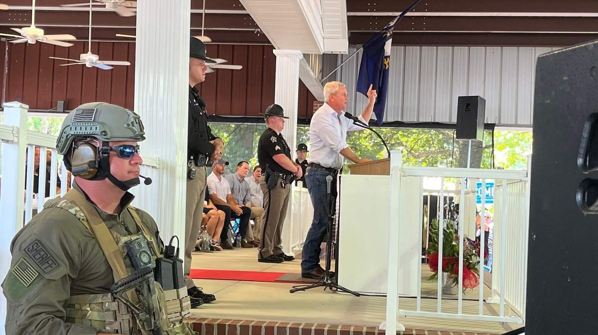 Rep. James Comer, R-KY, speaks at the 144th annual St. Jerome Fancy Farm Picnic.
