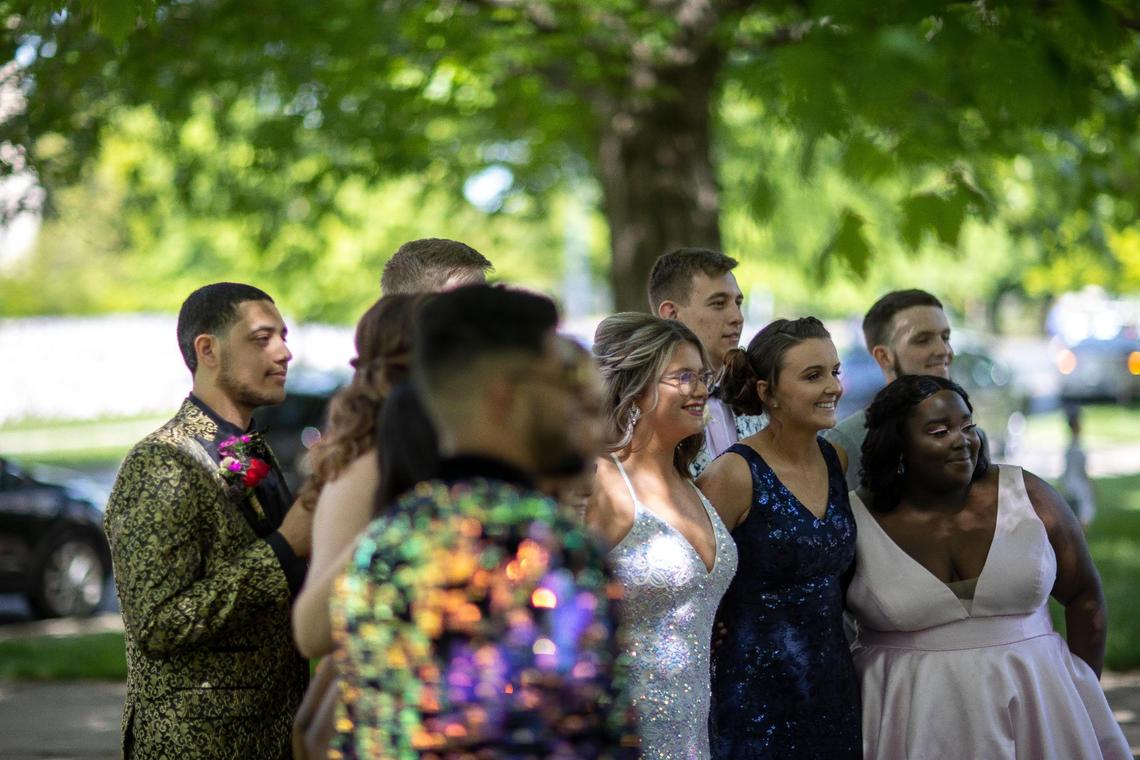 Before prom, many students from Frankfort High School, including Macy Dungan, front row, third from right, met at the Kentucky state Capitol grounds to take pictures on Saturday, May 15, 2021.