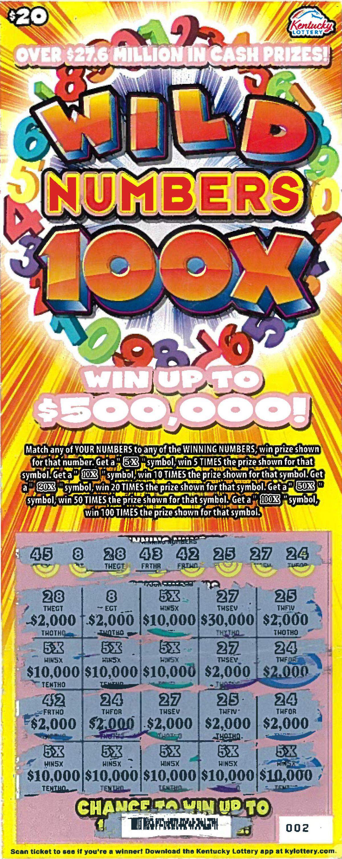 A Grant County woman won $500,000 from this Wild Numbers 100x ticket, according to a Wednesday release from the Kentucky Lottery.