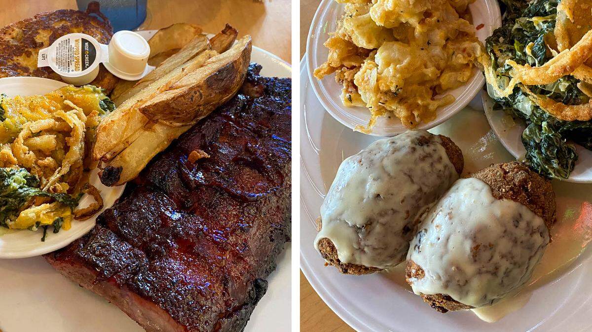 At left, ribs, served with spinach, potato wedges and cornbread at the Thoroughbred Restaurant, located at 1483 Leestown Rd, and at right, Salmon croquettes. The longtime Lexington restaurant, which opened in 1954, is known for daily menu specials written on a chalkboard.