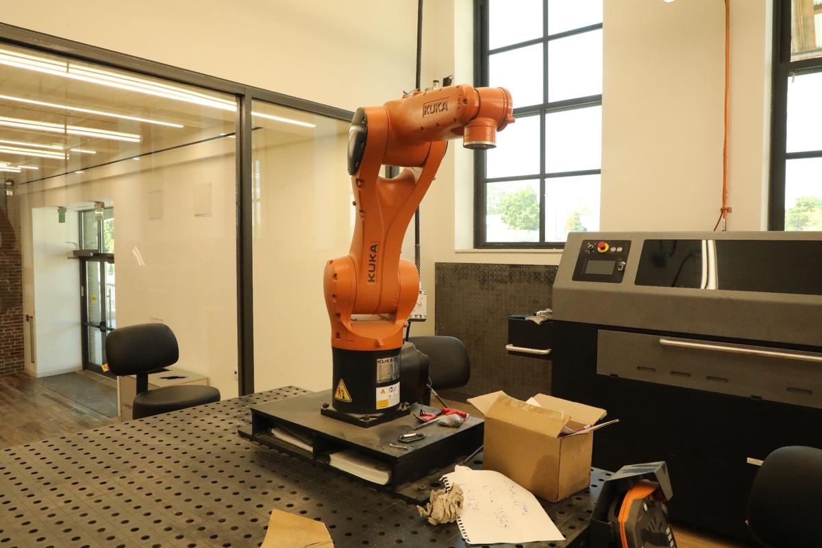 A KUKA industrial robotic arm used by students on display during a tour of the Gray Design Building on August 9, 2024.