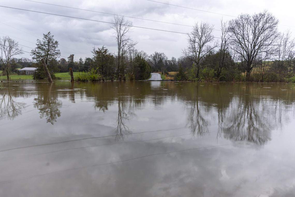Deepwell Woods Road floods in Lincoln County, Ky., on Friday, April 4, 2025.