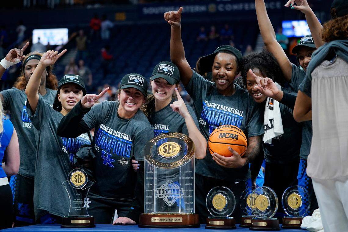 Kentucky players celebrate after beating South Carolina to win the SEC Tournament last weekend in Nashville. Kentucky was installed Sunday night as the No. 6 seed in the Bridgeport (Conn.) Regional.